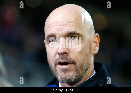 EMMEN, 03-04-2019, Oude Meerdijk Stadion, Saison 2018 / 2019, der niederländischen Eredivisie. Erik 10 Hag während des Spiels Emmen - Ajax. Stockfoto