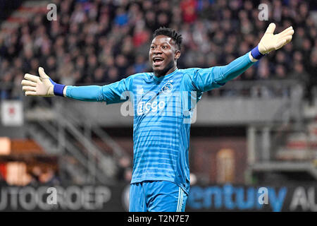 EMMEN, 03-04-2019, Oude Meerdijk Stadion, Saison 2018 / 2019, der niederländischen Eredivisie. Ajax-Torwart Andre Onana während des Spiels Emmen - Ajax. Stockfoto