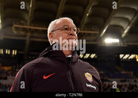 Rom, Italien. 3 Apr, 2019. Claudio Ranieri Manager des AS Rom in der Serie A Match zwischen AS Roma und ACF Fiorentina im Stadio Olimpico, Rom, Italien Am 3. April 2019. Foto von Giuseppe Maffia. Credit: UK Sport Pics Ltd/Alamy leben Nachrichten Stockfoto