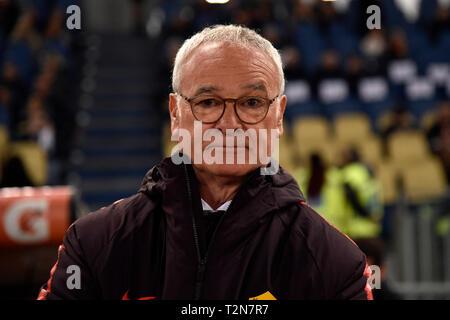 Rom, Italien. 3 Apr, 2019. Claudio Ranieri Manager des AS Rom in der Serie A Match zwischen AS Roma und ACF Fiorentina im Stadio Olimpico, Rom, Italien Am 3. April 2019. Foto von Giuseppe Maffia. Credit: UK Sport Pics Ltd/Alamy leben Nachrichten Stockfoto