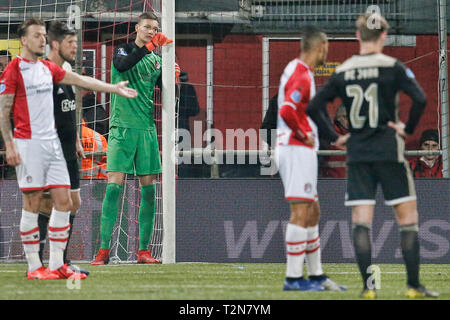 EMMEN, 03-04-2019, Oude Meerdijk Stadion, Saison 2018 / 2019, der niederländischen Eredivisie. Emmen Torwart Kjell Scherpen während des Spiels Emmen - Ajax. Stockfoto