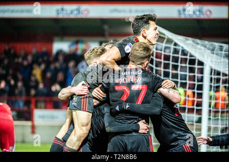 Accrington, Lancashire, UK. 3 Apr, 2019. Sunderlands Kazaiah Sterling feiert sein Ziel mit seinem Teamkollegen während der Sky Bet Liga 1 Übereinstimmung zwischen Accrington Stanley und Sunderland am Fraser Eagle Stadium, Accrington am Mittwoch, den 3. April 2019. (Credit: Ian Charles | Kredit: MI Nachrichten & Sport/Alamy leben Nachrichten Stockfoto