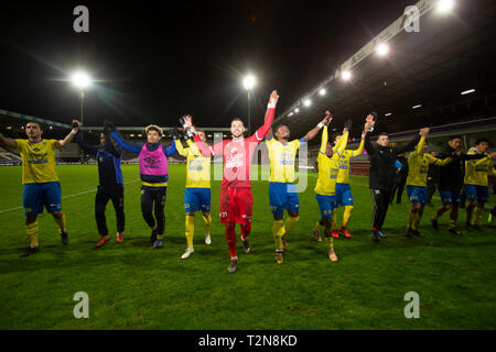 SINT-TRUIDEN, Belgien - April 3th: Team feiern nach dem Gewinn der Jupiler Pro League Play-off 2 Gruppe A Match (Tag 2) zwischen Beerschot und STVV am April 3th, 2019 in Antwerpen Kiel, Belgien. (Foto von Frank Abbeloos/Isosport) Stockfoto