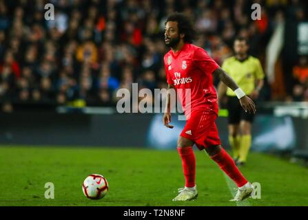 Valencia, Spanien. 3 Apr, 2019. Marcelo während des Fußballspiels zwischen Valencia CF und Real Madrid CF am 3. April 2019 im Stadium Mestalla in Valencia, Spanien. Credit: CORDON PRESSE/Alamy leben Nachrichten Stockfoto