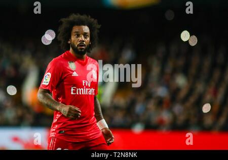 Valencia, Spanien. 3 Apr, 2019. Marcelo während des Fußballspiels zwischen Valencia CF und Real Madrid CF am 3. April 2019 im Stadium Mestalla in Valencia, Spanien. Credit: CORDON PRESSE/Alamy leben Nachrichten Stockfoto