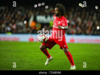 Valencia, Spanien. 3 Apr, 2019. Marcelo während des Fußballspiels zwischen Valencia CF und Real Madrid CF am 3. April 2019 im Stadium Mestalla in Valencia, Spanien. Credit: CORDON PRESSE/Alamy leben Nachrichten Stockfoto