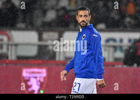 Turin, Italien. 03 Apr, 2019. Fabio Quagliarella (UC Sampdoria) während der Serie A TIM Fußballspiel zwischen Torino FC und UC Sampdoria im Stadio Grande Torino am 3. April, 2019 in Turin, Italien. Quelle: FABIO UDINE/Alamy leben Nachrichten Stockfoto