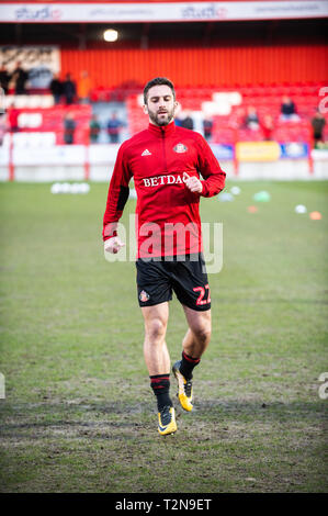 Accrington, Lancashire, UK. 3 Apr, 2019. Sunderlands wird Grigg erwärmt sich während der Sky Bet Liga 1 Übereinstimmung zwischen Accrington Stanley und Sunderland am Fraser Eagle Stadium, Accrington am Mittwoch, den 3. April 2019. (Credit: Ian Charles | Kredit: MI Nachrichten & Sport/Alamy leben Nachrichten Stockfoto