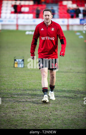 Accrington, Lancashire, UK. 3 Apr, 2019. Sunderlands Aidan McGeady erwärmt sich während der Sky Bet Liga 1 Übereinstimmung zwischen Accrington Stanley und Sunderland am Fraser Eagle Stadium, Accrington am Mittwoch, den 3. April 2019. (Credit: Ian Charles | Kredit: MI Nachrichten & Sport/Alamy leben Nachrichten Stockfoto