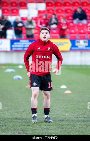 Accrington, Lancashire, UK. 3 Apr, 2019. Sunderlands Lynden Gooch erwärmt sich während der Sky Bet Liga 1 Übereinstimmung zwischen Accrington Stanley und Sunderland am Fraser Eagle Stadium, Accrington am Mittwoch, den 3. April 2019. (Credit: Ian Charles | Kredit: MI Nachrichten & Sport/Alamy leben Nachrichten Stockfoto