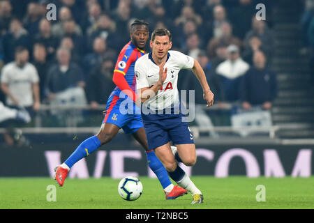 London, Großbritannien. 3. April, 2019. Tottenham Verteidiger Jan Vertonghen während der Premier League Match zwischen den Tottenham Hotspur und Crystal Palace an der Tottenham Hotspur Stadion, London am Mittwoch, den 3. April 2019. (Credit: Jon Bromley | MI Nachrichten) nur die redaktionelle Nutzung, eine Lizenz für die gewerbliche Nutzung erforderlich. Keine Verwendung in Wetten, Spiele oder einer einzelnen Verein/Liga/player Publikationen. Foto darf nur für Zeitung und/oder Zeitschrift redaktionelle Zwecke verwendet werden. Credit: MI Nachrichten & Sport/Alamy leben Nachrichten Stockfoto