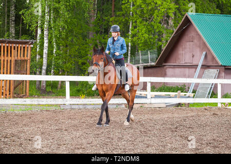 Reitunterricht, Teenager kaukasische Mädchen reitet ein Pferd auf outdoor Manege Stockfoto