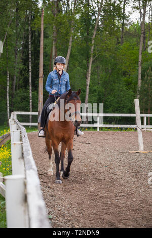 Anfänger Reitunterricht, junges Mädchen reitet ein Pferd reiten Feld in der Nähe von weißen Zaun, vertikale Foto Stockfoto