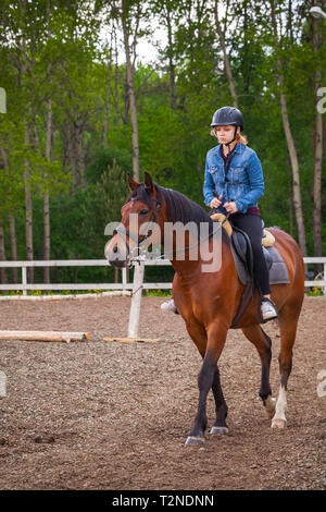 Reiten Unterricht für Anfänger, junges Mädchen reitet braunes Pferd auf Reiten Feld, vertikale Foto Stockfoto