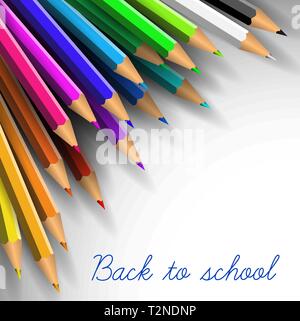 Vektor zurück Poster - bunte Wachsmalkreiden auf weißem Papier zur Schule Stock Vektor