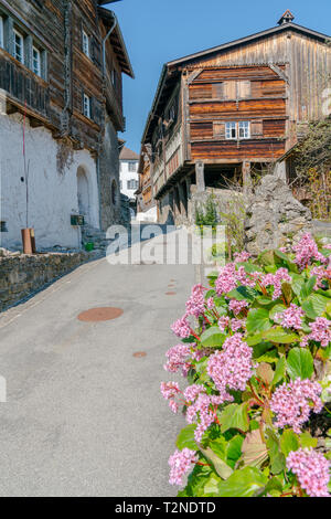 Werdenberg, SG/Schweiz - am 31. März 2019: Werdenberg Dorf mit historischen und traditionellen Gebäude und Architektur Details Stockfoto