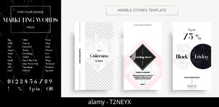 Satz von Marmor Geschichten Vorlage. Satz von drei beliebte Banner. Neue Kollektion, Verkauf und bald kommen. Sowie eine Reihe von beliebten marketing Worte und al Stock Vektor