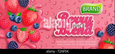 Frische Beeren Mischung Saft splash Banner mit apteitic Tropfen aus der Kondensation. Erdbeeren, Blaubeeren, Himbeeren und Brombeeren Hintergrund für die Marke Stock Vektor