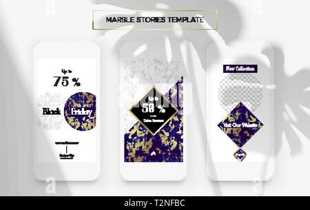 Satz von Marmor Geschichten Vorlage. Satz von drei beliebte Banner. Neue Kollektion, Verkauf und Schwarzer Freitag. Luxus Design mit weißer und Ultramarin Marmor f Stock Vektor