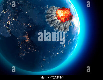 Atombombe. Krieg zwischen Nationen, Explosion, cataclysm. Vom Aussterben bedroht. Feind anzugreifen. 3D-Rendering. Sat-Blick auf die Erde. Stockfoto