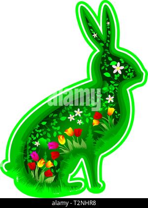 Stilisierte Kaninchen Silhouette. Blätter und Blüten vor dem Hintergrund der Silhouette eines Hasen Hase. Das Konzept der Sommer, Frühling oder Ostern. Stock Vektor