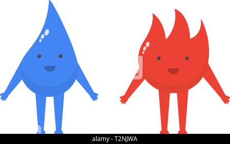 Wasser und Feuer sind niedlichen Figuren in einem flachen Stil. Stock Vektor
