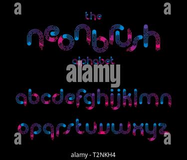 Der Vektor der modernen Pinselstrich Neon Beleuchtung Font mit blauen und violetten Gradienten. Jedes Zeichen gruppiert. Stock Vektor