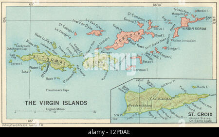 Britische/AMERIKANISCHE JUNGFERNINSELN Tortola Virgin Gorda St. Croix St. Thomas/John 1931 Karte Stockfoto