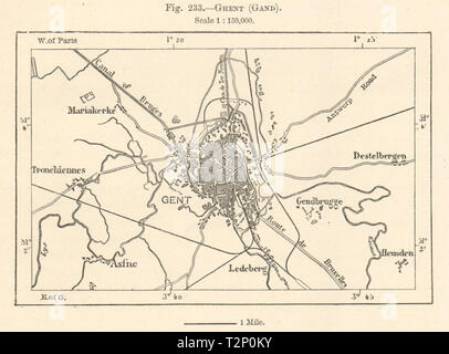 Gent (Gand) gent Planung & Umgebung. Belgien. Kartenskizze 1885 alte antike Stockfoto