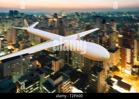 3D-Rendering von einer Drohne überwacht in einer großen Stadt Stockfoto