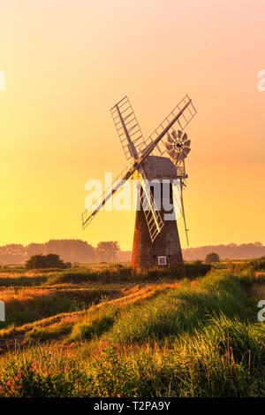 Thurne, Norfolk, Großbritannien, 19. Juli 2016 - Übersicht Thurne Windpump auf der Norfolk Broadlands, das ursprünglich gebaut wurde das Wasser um die nassen Flächen zur Pumpe Stockfoto