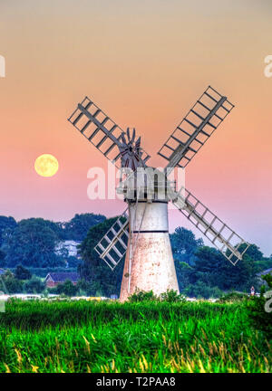 Thurne, Norfolk, Großbritannien, 19. Juli 2016 - Übersicht Thurne Windpump auf der Norfolk Broadlands, das ursprünglich gebaut wurde das Wasser um die nassen Flächen zur Pumpe Stockfoto