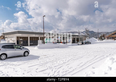 Kamikawa, JAPAN - Feb 15, 2019: Außerhalb der Kamikawa station in Hokkaido, Japan. Stockfoto