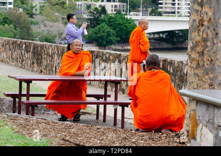 Buddhistische Mönche nehmen Fotos von jedem anderen in Brisbane, Queensland Stockfoto