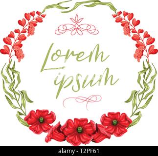 Runde aquarell Kranz mit hellen Mohn, rot Flachs Blumen und grüne Blätter auf weißem Hintergrund. Blumen Hochzeit Einladung und Grußkarte. Ha Stock Vektor