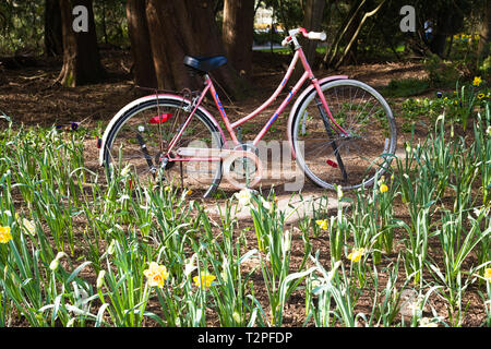 Ein altes Fahrrad steht als Gartenschmuck im Bear Creek Park, Surrey, British Columbia, Kanada Stockfoto