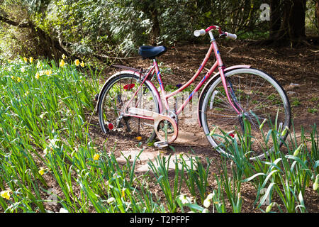 Ein altes Fahrrad steht als Gartenschmuck im Bear Creek Park, Surrey, British Columbia, Kanada Stockfoto