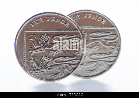 Münzen. Die zehn Pence Stück. Dies ist der zweite kleinsten Silbermünze Konfession in den Sterling Währung. Stockfoto