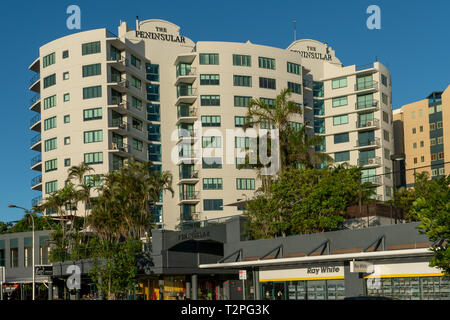 Die Halbinsel Beachfront Resort ist ein großes Resort in Mooloolaba, Australien, in der Nähe vom Strand und Stadtzentrum Stockfoto