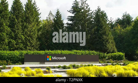 REDMOND, Washington, USA - 3. SEPTEMBER 2015: Blick auf den Microsoft Windows Logo und Name an ihrem Hauptsitz in Seattle. Microsoft ist ein Multination Stockfoto