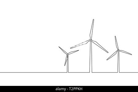 Eine durchgehende Linie kunst Wind Generator. Speichern Ökologie grüne Energie Strom. Mühle Turm eine Skizze Maßbild Vector Illustration Kunst Stock Vektor