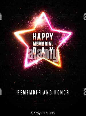 Happy Memorial Day Hintergrund. Denken Sie daran und Ehre. Feiern Text in glühenden electric Wire frame Stern Grenze mit brennenden Funken sprühen particl Stock Vektor