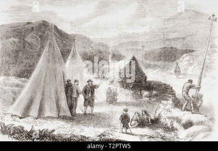 Die Verlegung der Atlantic Telegraph Kabel. Lager der Arbeiter von der Telegraph Company auf der Straße zwischen Killarney und Valentia Island, Irland. Von der Illustrated London News, veröffentlicht 1865. Stockfoto