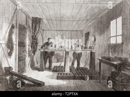 Die Verlegung der Atlantic Telegraph Kabel. Empfangen von Nachrichten von den Great Eastern in der Instrumententafel Zimmer im Telegraph Haus bei Foilhommerum Bay, Valentia Island, Irland. Von der Illustrated London News, veröffentlicht 1865. Stockfoto