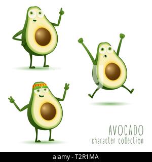 Cute Vektor einrichten von Avocado Obst Charakter in verschiedenen Aktion Emotion. Sammlung von Avocado Zeichen in verschiedenen Ausdrucksformen, lustig, Obst Lrc Stock Vektor