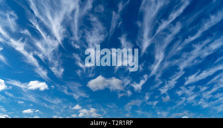 Ein Foto von einem blauen Himmel mit weißen Wolken bilden verschiedene Formen Stockfoto