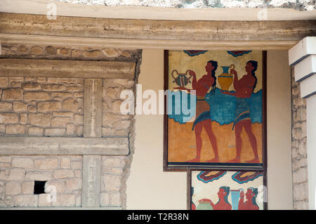 Minoische Wandmalerei einer Prozession. Knossos, Kreta, Griechenland Stockfoto