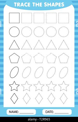 Lernen für Kinder, Zeichnung Aufgaben. Die geometrischen Formen um die Kontur nachzeichnen. Stock Vektor