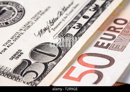 50 Euro und American fünfzig Dollar bill Close-up. Stockfoto