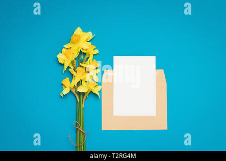 Schönen Blumenstrauß narzisse Blüten mit einem Umschlag, Grußkarten auf einem blauen Hintergrund Stockfoto